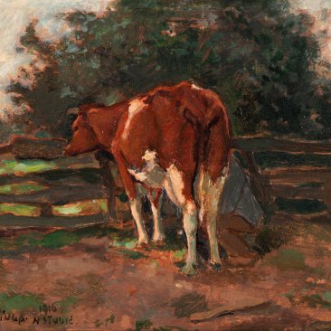 Schilderij 'Rode koe met melker', geschilderd door Johannes Elsinga 