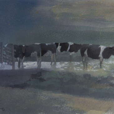 Schilderij door Abe Gerlsma van vier zwart-witte koeien in de regen