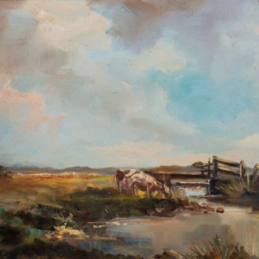 Olieverfschilderij door Sieger Baukema van een landschap van koeien bij een bruggetje