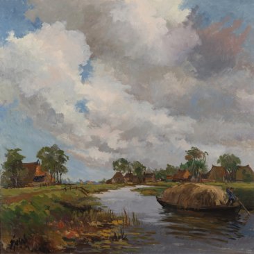 Olieverf schilderij 'Praam met hooi', geschilderd door Sjoerd de Vries in 1960. Het schilderij is van een landschap met boerderijen op de achtergrond en een praam met hooi op het water.