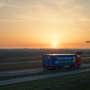 Een vrachtwagen van Lidl met op de zijkant de tekst "Deze vrachtwagen rijdt 100% elektrisch" rijdt tijdens zonsopgang op een weg met op de achtergrond een molen.