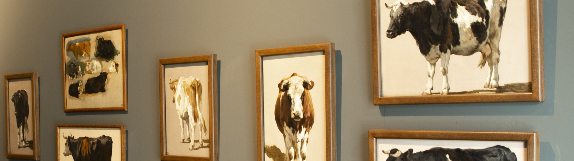 Schilderijen wand met onder andere schilderijen van koeien gemaakt door J.H.L. de Haas