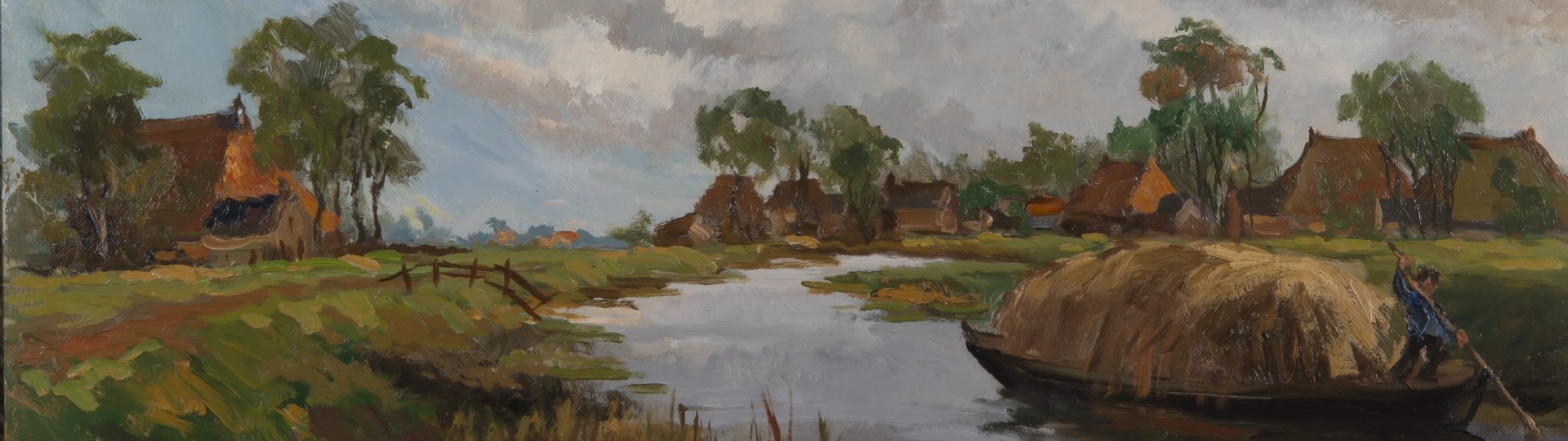 Olieverf schilderij 'Praam met hooi', geschilderd door Sjoerd de Vries in 1960. Het schilderij is van een landschap met boerderijen op de achtergrond en een praam met hooi op het water.