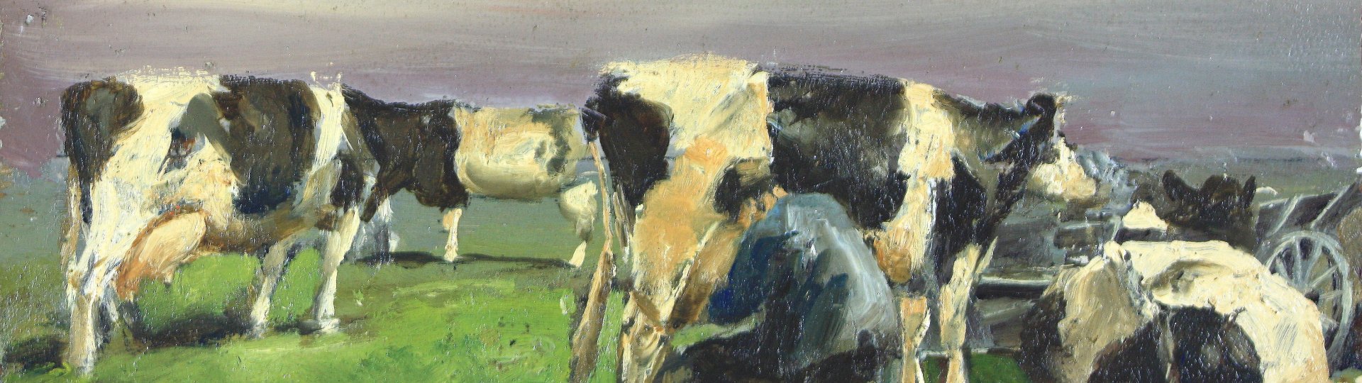 Schilderij Gerben Rypma met koeien in een weiland, een koe wordt gemolken