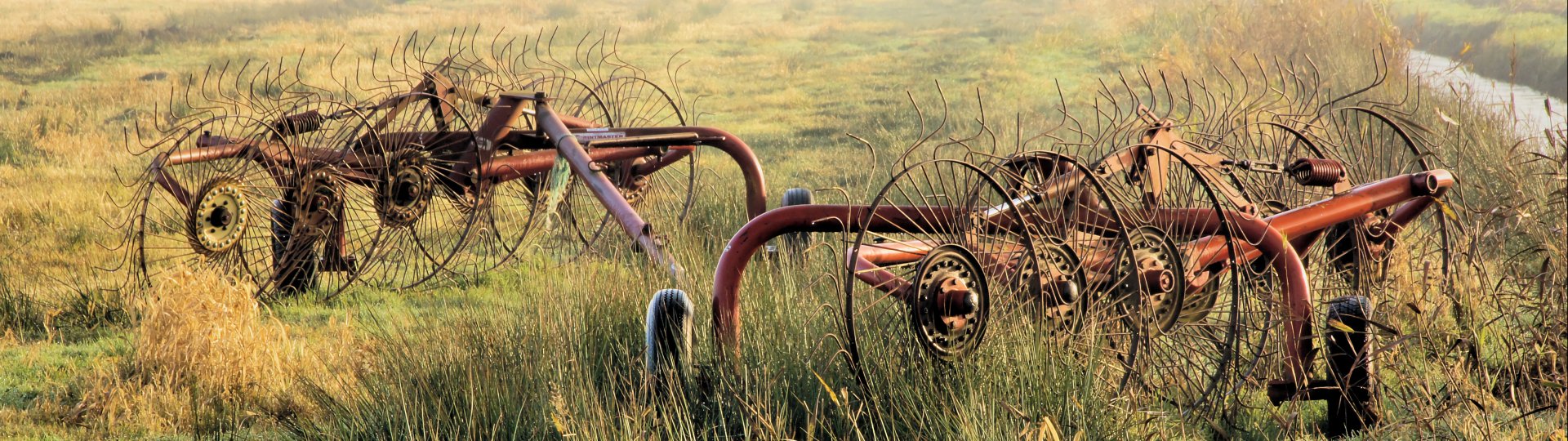 Landbouwwerktuigen in een weiland, foto door Sytze Herder