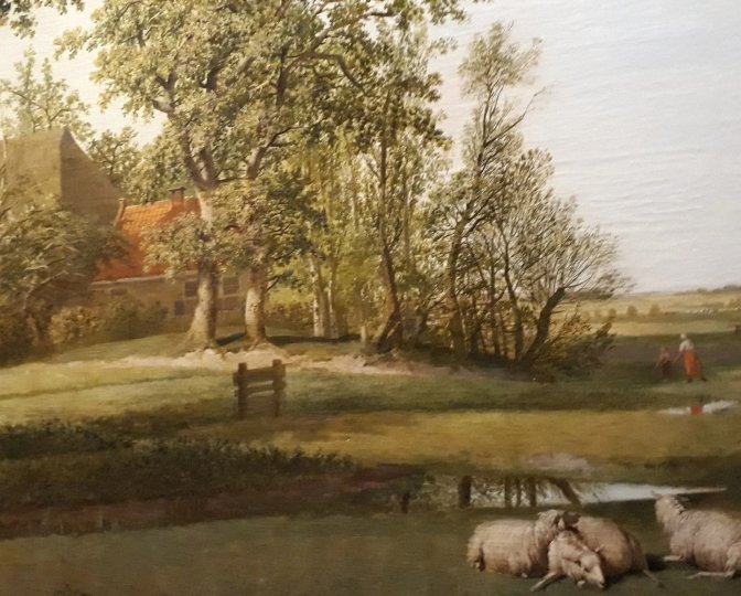Fries landschap, naar alle waarschijnlijkheid bij Blessum circa 1800. Detail van een behangselschilderij van Aldert Jacobs van der Poort (collectie Fries Landbouwmuseum).