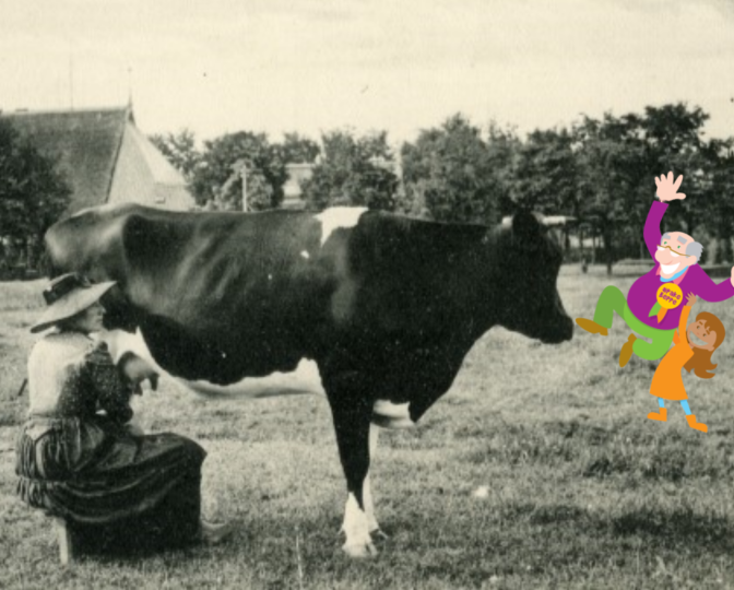 Icoon van Help Pake & Beppe de vakantie door op een achtergrond van oude ansichtkaart waarop een vrouw een koe melkt