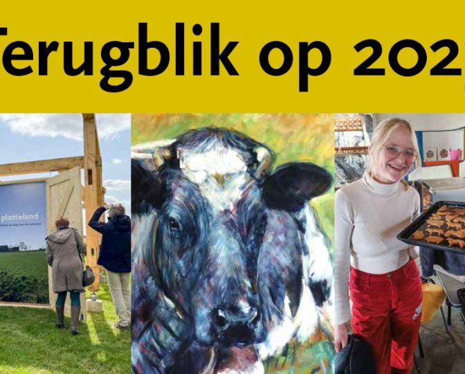 Voorkant van het jaarverslag van 2023 met een foto van het houten staketsel, een foto van een schilderij met een koe en een foto van een stagiair met gebakken koekjes