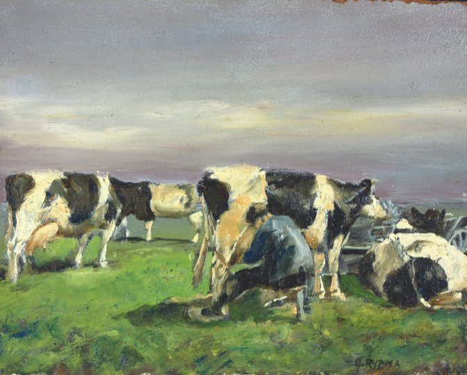 Schilderij Gerben Rypma met koeien in een weiland, een koe wordt gemolken