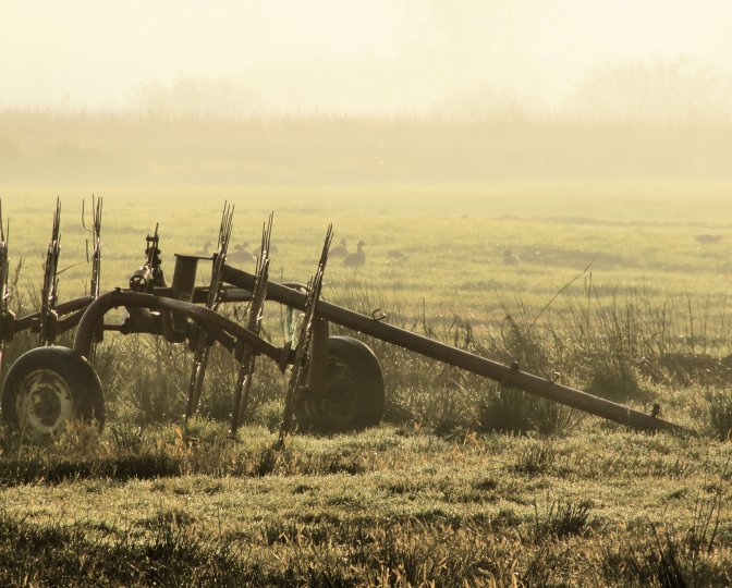 Landbouwwerktuig in een weiland, foto door Sytze Herder