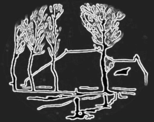 Logo Stichting Alde Fryske Pleatsen, een schets van een boerderij met bomen in het wit