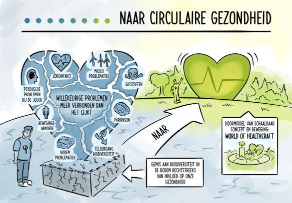 Tekening waarin wordt getoond dat een gemis aan biodiversiteit in de bodem rechtstreeks invloed heeft op onze gezondheid